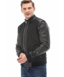 Men’s Real Navy-Blue Leather Printed Jacket