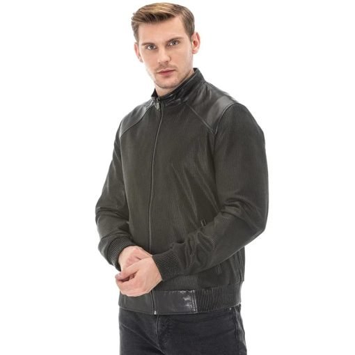Men’s Real Black Leather Square Printed Vegetal Jacket