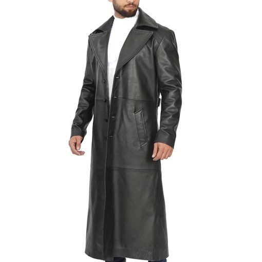 Men's Black Long Leather Duster Coat