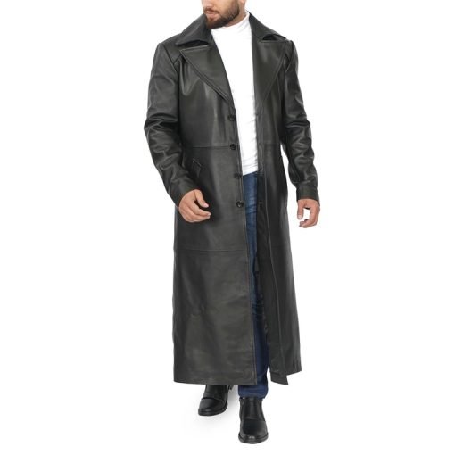 Men's Black Long Leather Duster Coat