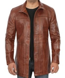 Men's Vintage Cognac Leather Car Coat