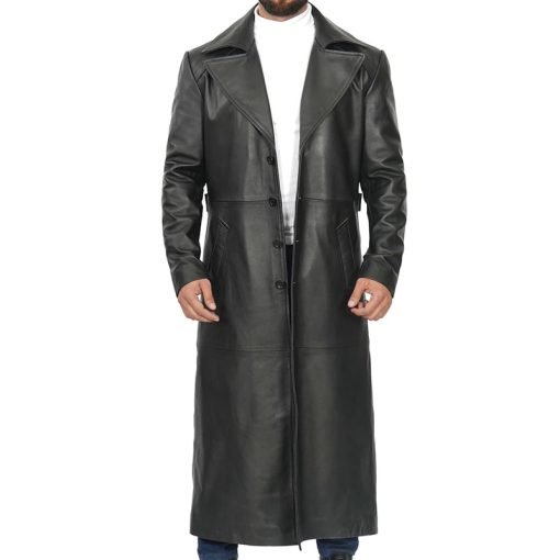 Men's Black Long Leather Duster Coat