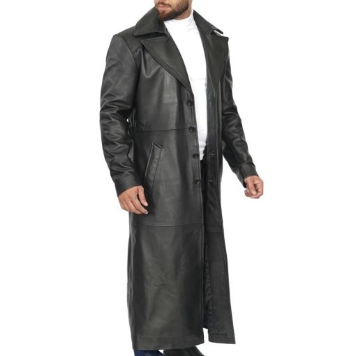 Men's Black Long Leather Duster Coat