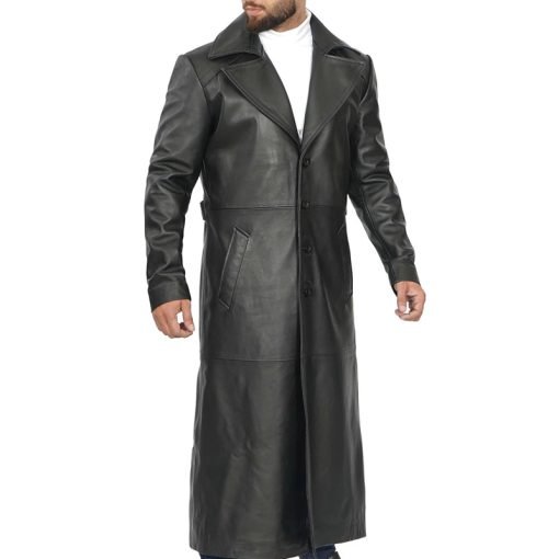 Men's Black Long Leather Duster Coat