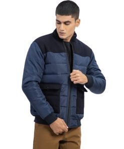 Navy Blue Contrasting Wool Puffer Jacket