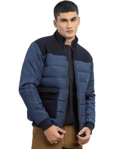 Navy Blue Contrasting Wool Puffer Jacket