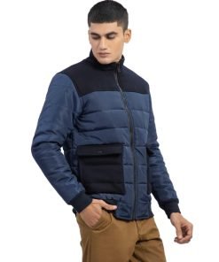 Navy Blue Contrasting Wool Puffer Jacket