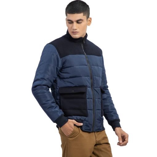 Navy Blue Contrasting Wool Puffer Jacket