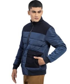Navy Blue Contrasting Wool Puffer Jacket