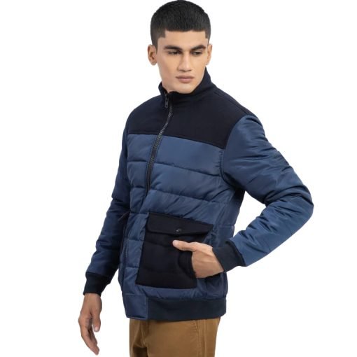 Navy Blue Contrasting Wool Puffer Jacket