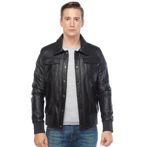 Men’s Real Black Leather Bomber Jacket