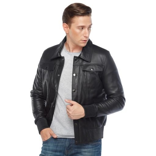 Men’s Real Black Leather Bomber Jacket