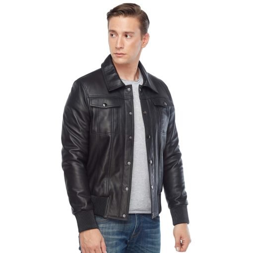 Men’s Real Black Leather Bomber Jacket