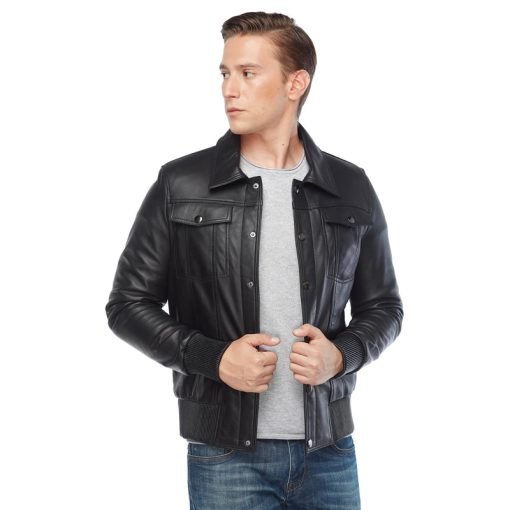 Men’s Real Black Leather Bomber Jacket