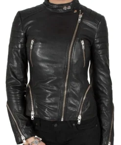 Womens-Cafe-Racer-Leather-Biker-Jacket-Black-Cross-Zipper