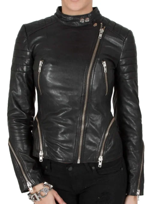 Womens-Cafe-Racer-Leather-Biker-Jacket-Black-Cross-Zipper