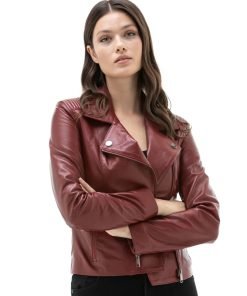 Women’s Real Dark Red Leather Biker Jacket