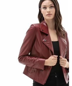 Women’s Real Dark Red Leather Biker Jacket