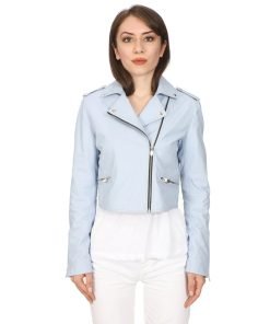 Women’s Real Ice Blue Leather Biker Jacket