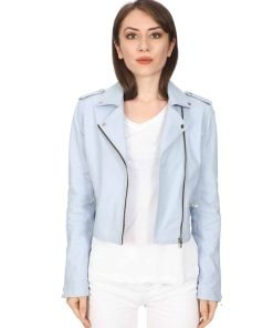 Women’s Real Ice Blue Leather Biker Jacket