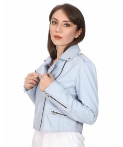 Women’s Real Ice Blue Leather Biker Jacket