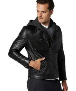 Men’s Real Black Leather Hooded Fit Jacket