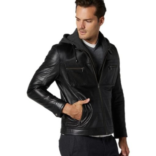 Men’s Real Black Leather Hooded Fit Jacket