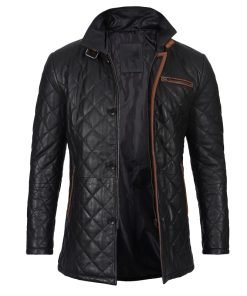 Glen Men Black Quilted Leather Car Coat