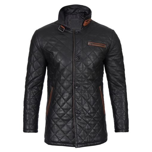 Glen Men Black Quilted Leather Car Coat