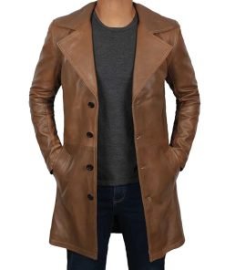 Men's 3 4 Length Brown Leather Car Coat