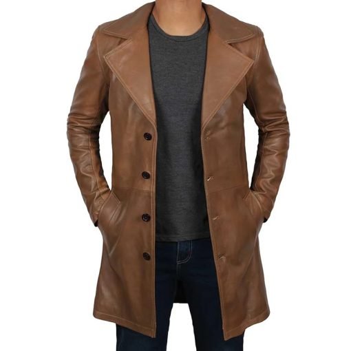 Men's 3 4 Length Brown Leather Car Coat