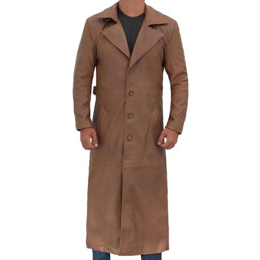 Brown Men Leather Long Duster Coat