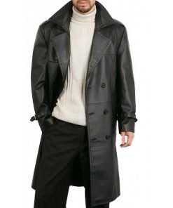 Men's Belted Double Breasted Black Leather Trench Coat