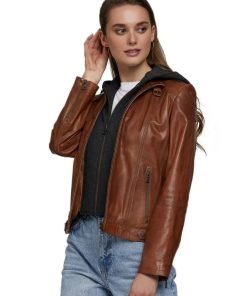 Women’s Real Brown Leather Hooded Style Jacket