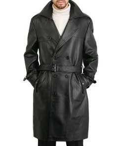 Men's Belted Double Breasted Black Leather Trench Coat