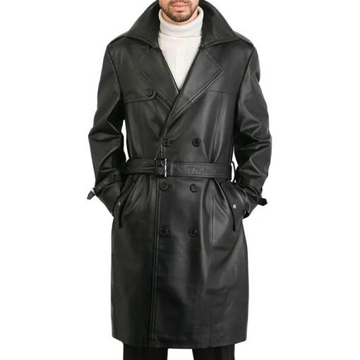 Men's Belted Double Breasted Black Leather Trench Coat