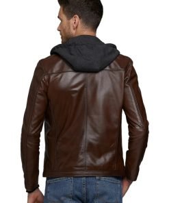 Men’s Real Brown Leather Hooded Jacket