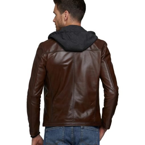 Men’s Real Brown Leather Hooded Jacket