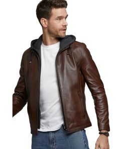 Men’s Real Brown Leather Hooded Jacket