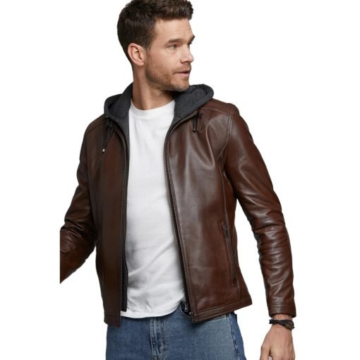 Men’s Real Brown Leather Hooded Jacket