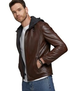 Men’s Real Brown Leather Hooded Jacket