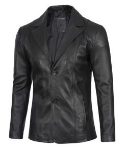 Men's Two Button Black Leather Blazer