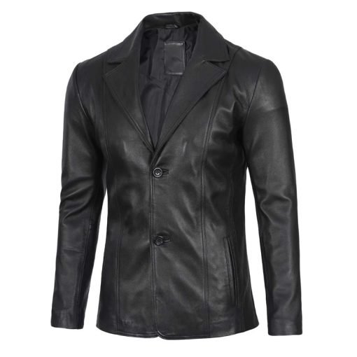 Men's Two Button Black Leather Blazer