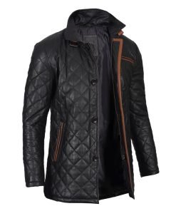 Glen Men Black Quilted Leather Car Coat