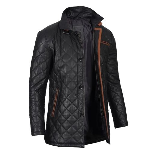 Glen Men Black Quilted Leather Car Coat