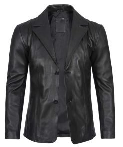 Men's Two Button Black Leather Blazer