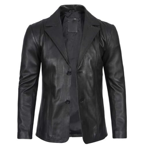 Men's Two Button Black Leather Blazer