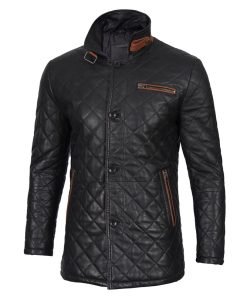 Glen Men Black Quilted Leather Car Coat